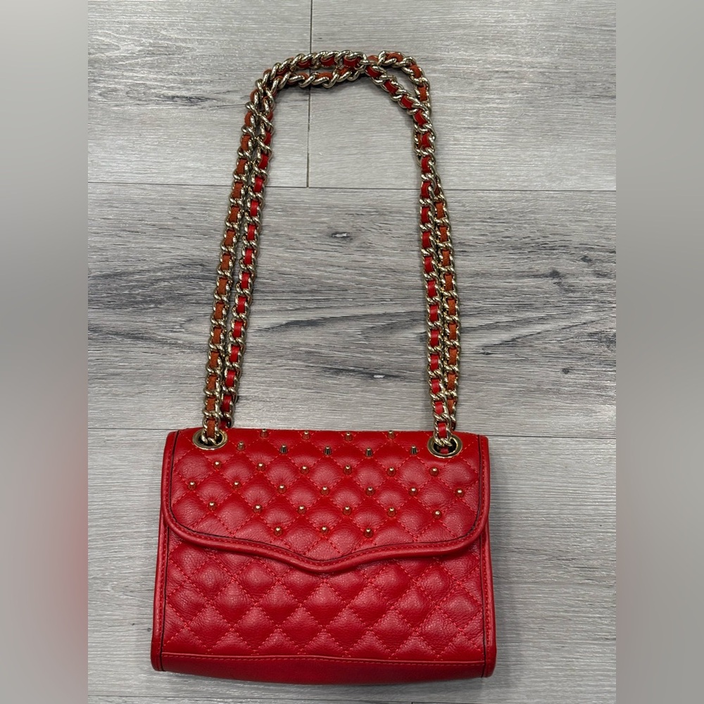 REBECCA MINKOFF Mini Studded/Quilted ‘Affair’ Chain Strap Bag Red w/ Gold Studs